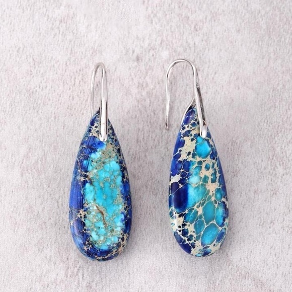 Silver & Blue Natural Imperial Stone Water Tear Drop Earrings Nwt - Picture 7 of 9